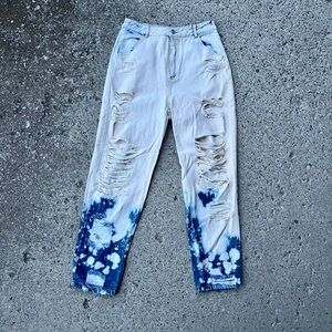 Distressed High Waisted Denim Pants Bleached White Blue Jeans Small New with Tag
